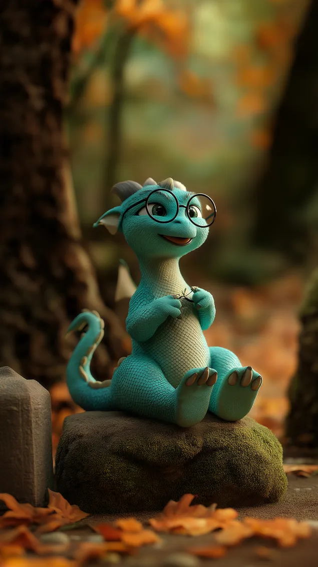 zamyslony smok siedzacy na kamieniu w lesie pobierz