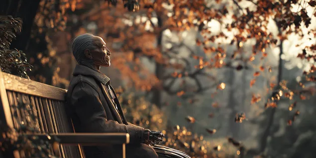 humanoid senior yang bijaksana duduk di bangku taman, pemandangan musim gugur unduhan