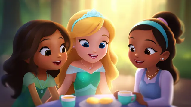 Dräi léif Prinzessinnen genéissen eng charmant Téiparty 2K Tapeten