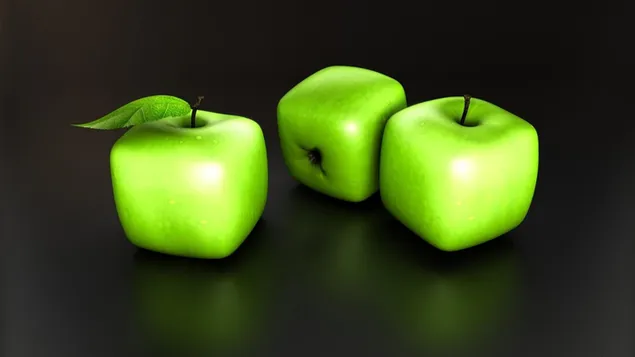 Tres manzanas verdes cúbicas sobre fondo gris descargar