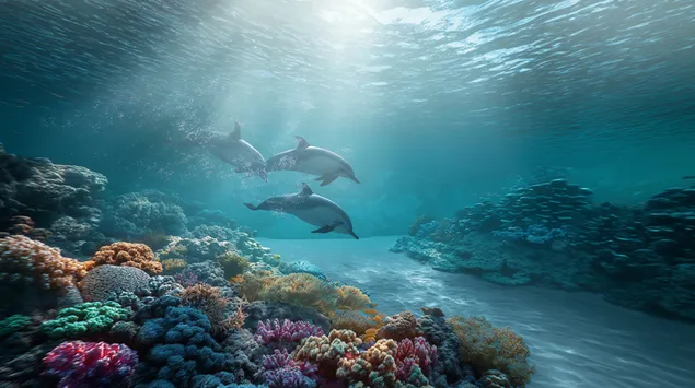 Trois dauphins nagent au-dessus d'un paysage diversifié de récifs coralliens 2K fond d'écran