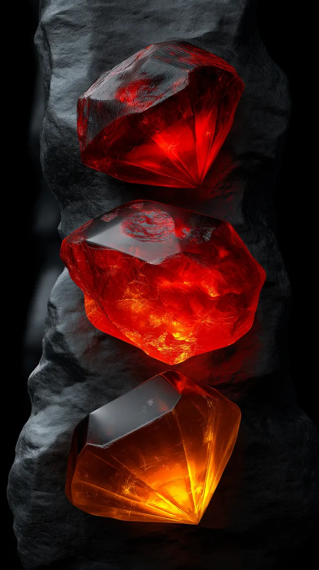 trije ognjeno zareci kristali, vdelani v temno teksturirano skalo prenos