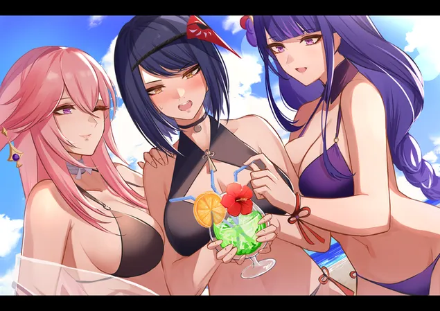 Three hot girls & one drink | Genshin Impact  2K wallpaper