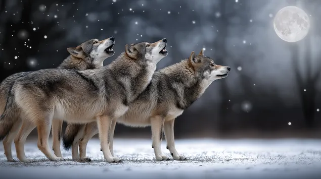 trije volkovi tulijo v zasnezenem gozdu prenos