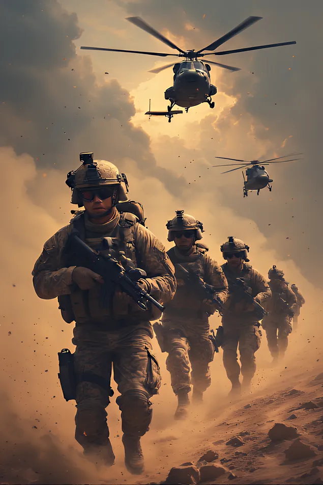 Prin praf și mișcare, soldații hotărâți avansează spre datorie, întruchipând rezistența, curajul și rezistența. 2K imagine de fundal