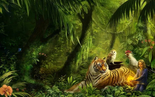 Tiger i magisk jungleskov 2K tapet