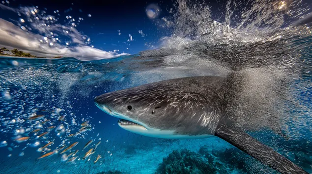 Podvodni površinski proboj tigrastog morskog psa s grebenom ispod 2K pozadina