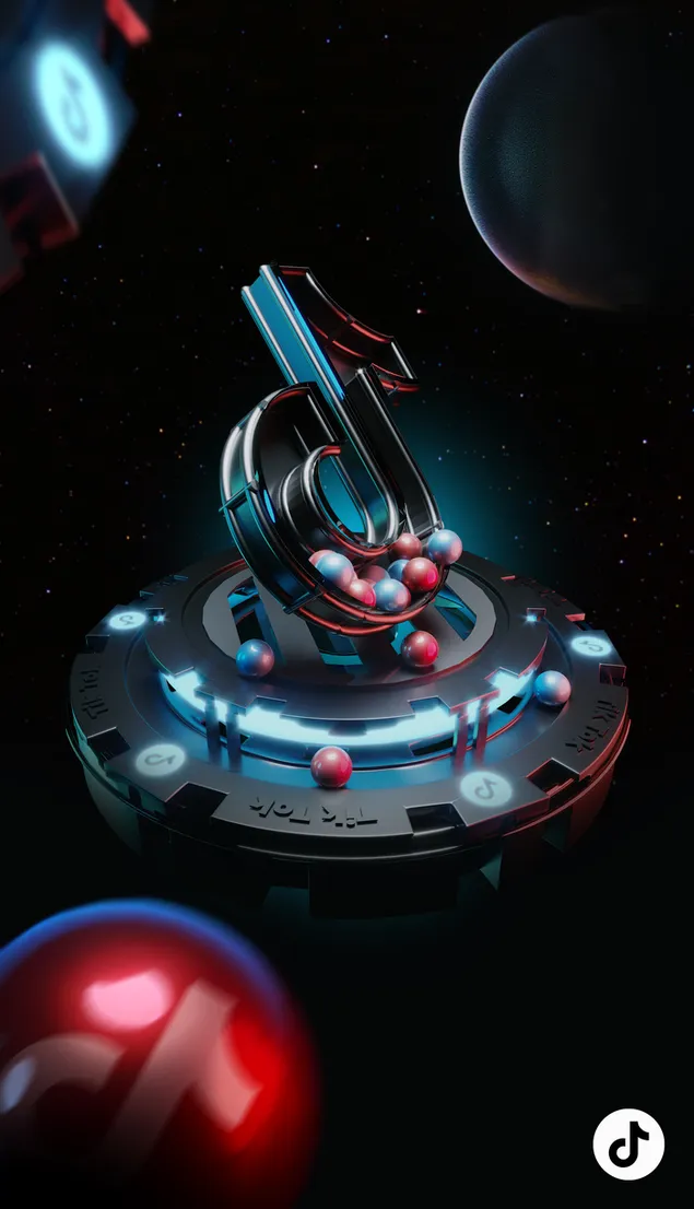 tiktok 3d kreativni logo pored loptica 2K pozadina