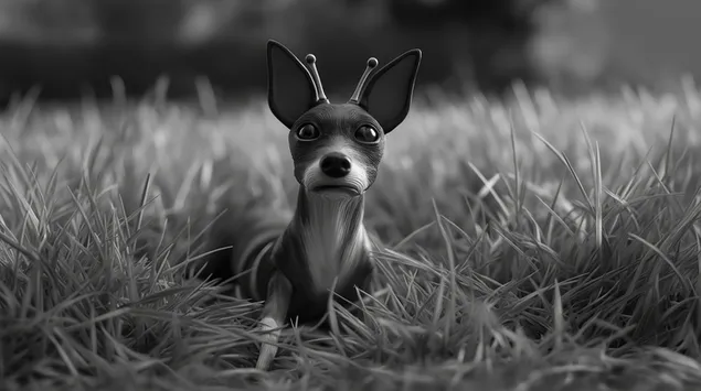 Nezemljanski pes v stilu Tima Burtona počiva na travnatem polju 2K ozadje