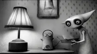 Tim Burton-esque Creature and Kettle in a Quirky Interior 2K wallpaper
