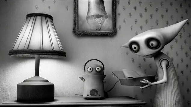 Шпалери Істота та чайник у стилі Тіма Бертона в незвичайному інтер'єрі 2K
