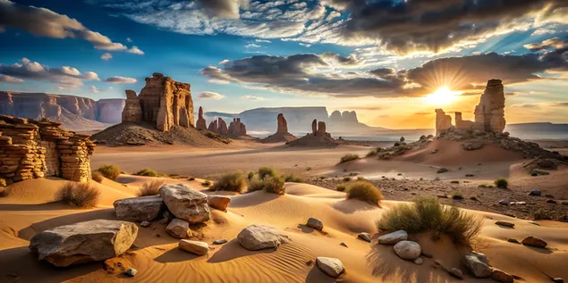 광활하고 건조한 풍경 속의 풍화된 돌로 이루어진 시대를 초월한 사막 유적지 4K 배경화면