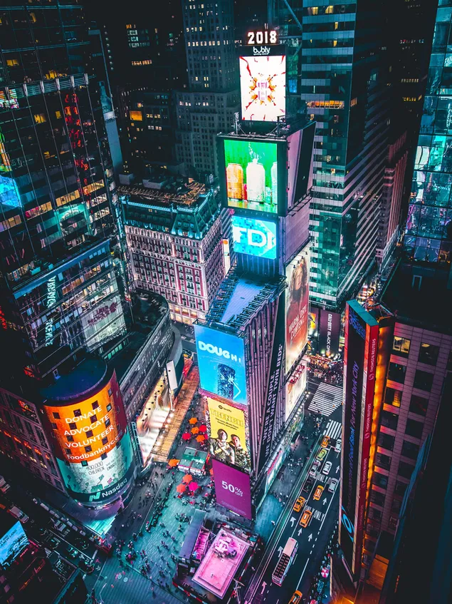Times square, kota New York, neon, warna-warni, malam, udara unduhan