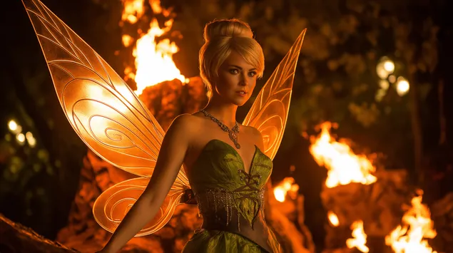 Taustakuva Helinä-keijumainen keiju tulisilla siivillä hehkuvien liekkien keskellä 2K