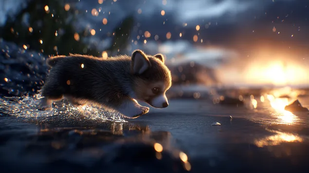 klein corgi-hondjie hardloop vrolik op 'n nat strand aflaai