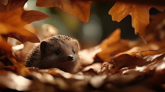 Liten igelkott som vilar bland en bädd av varma höstlöv 2K bakgrund