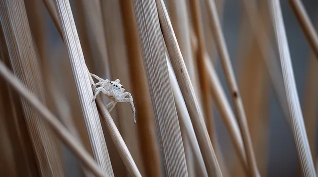 Kleine witte springspin op droge grasstengels - Natuurclose-up 2K achtergrond