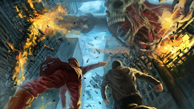 titano sta distruggendo l'edificio e le persone corrono scarica