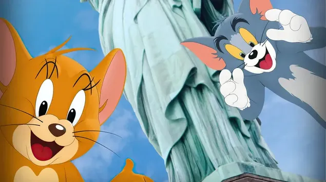 Tom y Jerry personajes de dibujos animados gato y ratón frente a la Estatua de la Libertad 4K fondo de pantalla