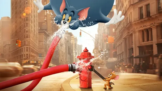 Tom and jerry cartoon characters fighting fire fighting water hose in city download