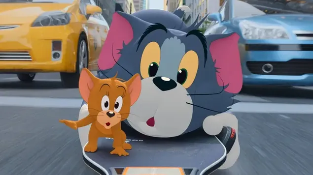 Tom and Jerry cartoon characters puzzled on skateboard