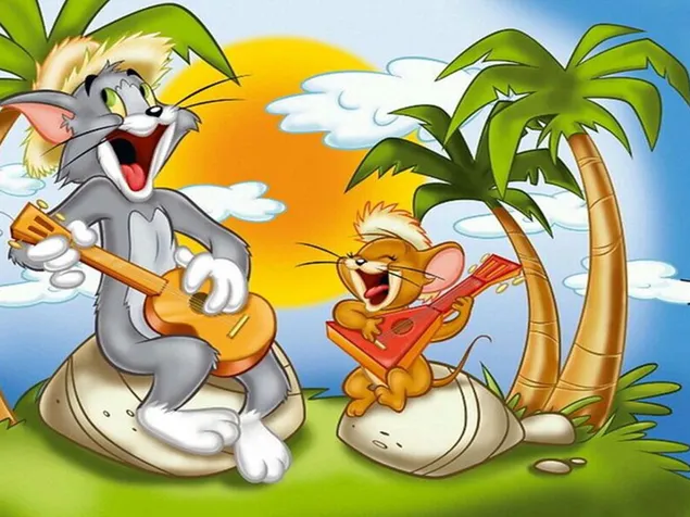 Tom en Jerry zingen liedjes eiland palmbomen 2K achtergrond