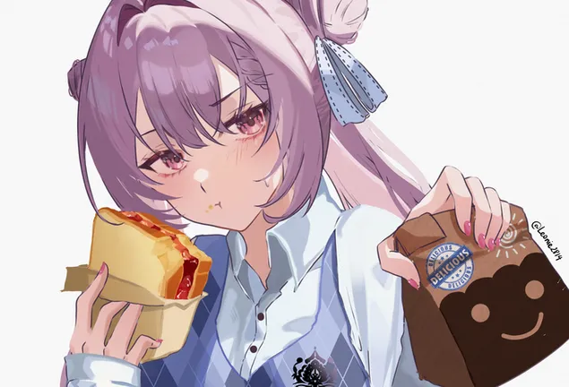 トーストを保持している赤い目を持つ紫色の髪のアニメの女の子