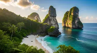 towering limestone cliffs covered in lush greenery rise from turquoise tropical waters, embracing a secluded sandy beach under the warm, serene sky download