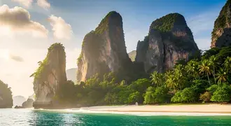 towering limestone cliffs rise above a lush tropical beach, surrounded by turquoise waters and vibrant palm trees beneath a sunny sky download