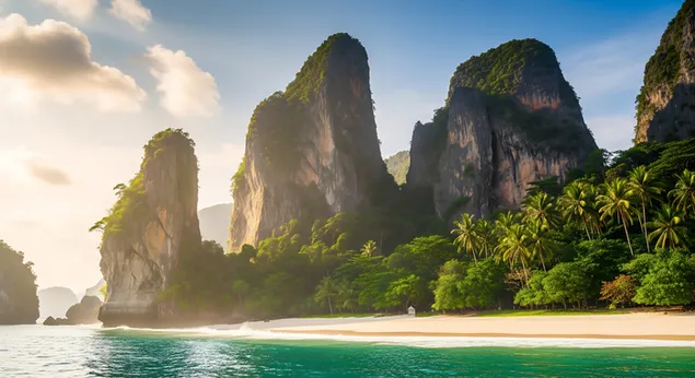 eirionn aillte aolchloiche arda os cionn tra thropaiceach bhrea, timpeallaithe ag uisci gorma gorma agus crainn pailme beoga faoi speir ghrianmhar ioslodail