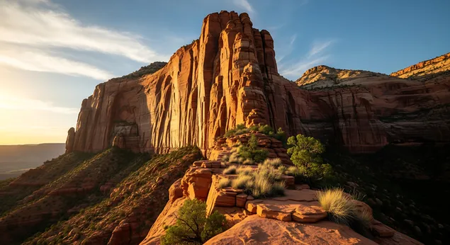 toringhoe rooi sandsteenkranse gloei in goue sonsonderganglig, met uitsig oor 'n ruwe landskap besaai met groen en dramatiese woestynhemel aflaai