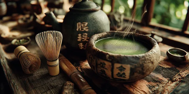 tradycyjny serwis do herbaty z dzbankiem, miska i bambusowa trzepaczka pobierz