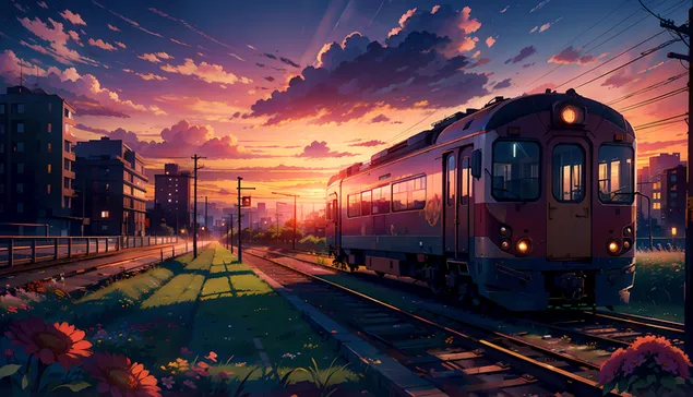 Train and sunset anime landscape download