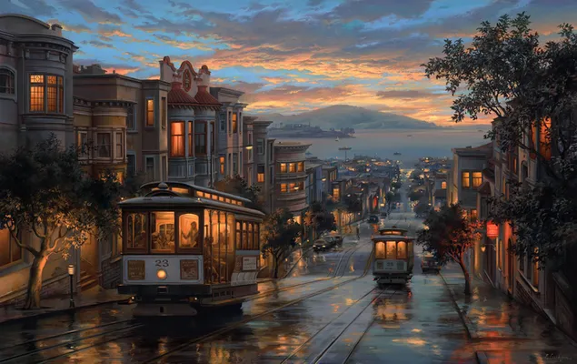 Trams in San Francisco op een regenachtige nacht download