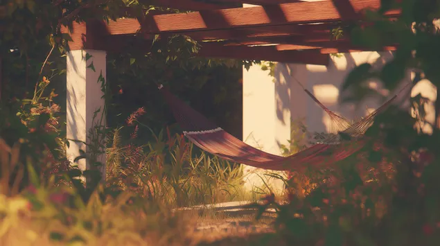 Tapeta Klidná scéna v houpací síti ve slunné minimalistické zahradě 2K