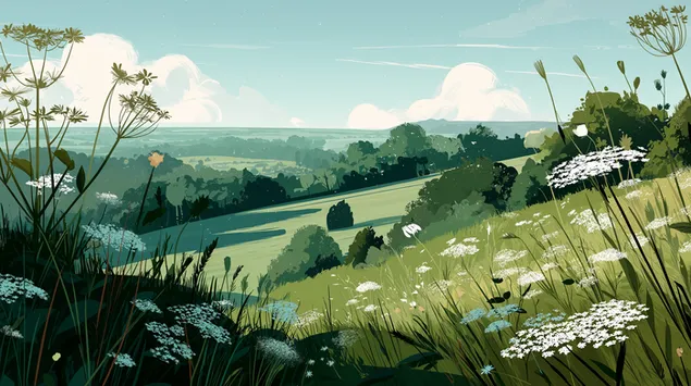 Tranquil Meadow Scene with Wildflowers and Rolling Hills 2K wallpaper