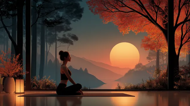 rauhallinen meditaatio huoneessa, josta on nakymat auringonlaskuun lataa