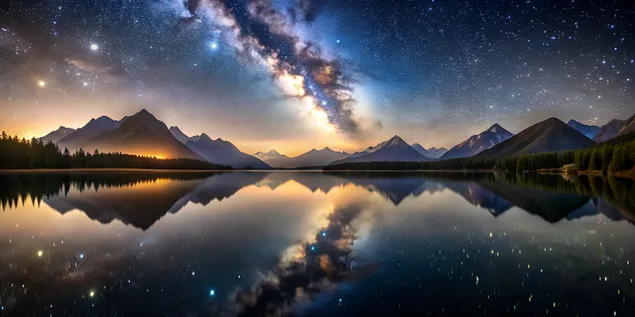 אגם מראה שליו בחצות עם חלקיקי זהב זוהרים והשתקפויות כוכבים 4K טפט