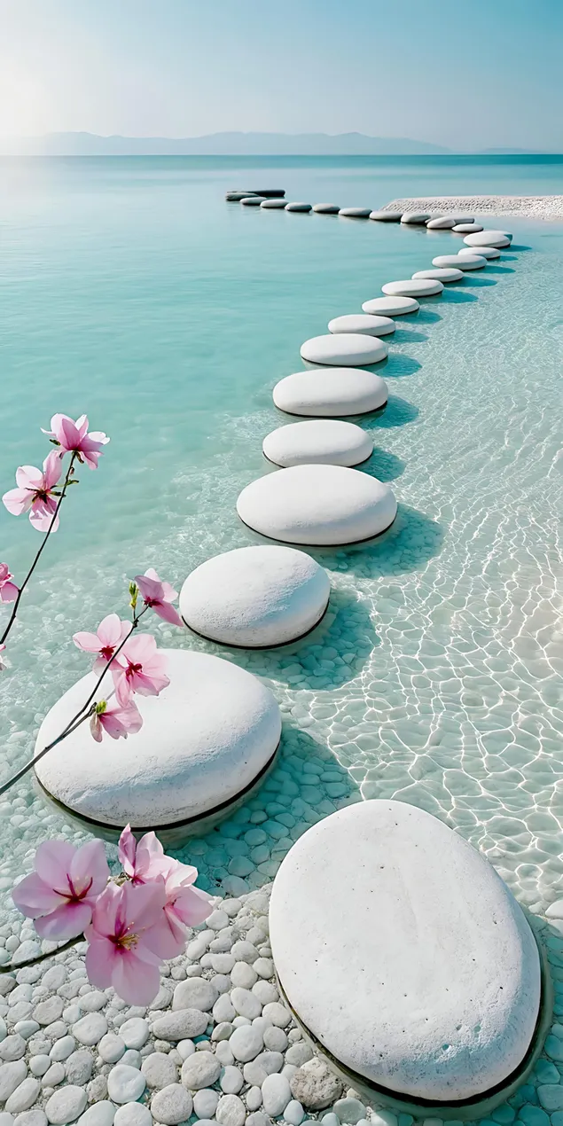 Un tranquilo sendero de piedras blancas que atraviesa aguas turquesas con delicadas flores rosas. 2K fondo de pantalla