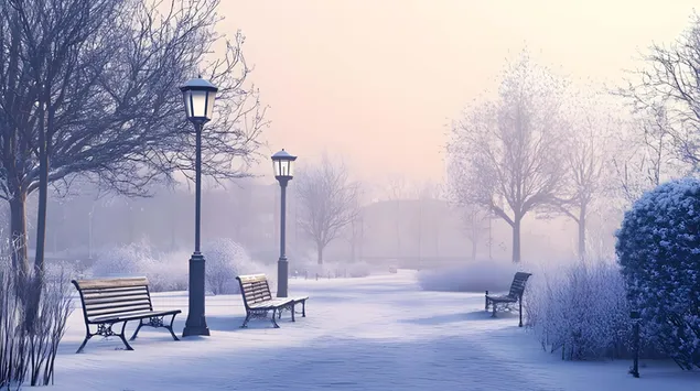 Mirna snježna staza osvijetljena svjetiljkama 4K pozadina