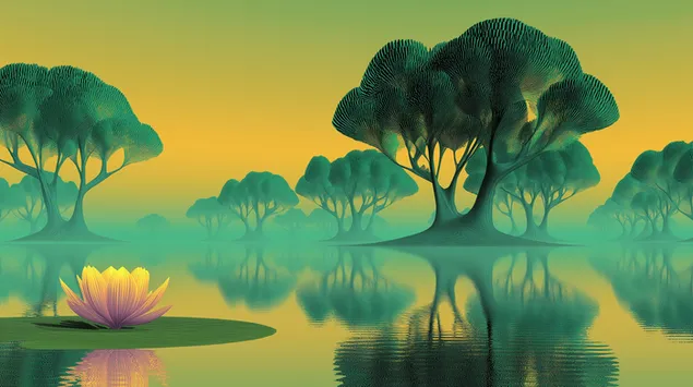 مشهد مائي هادئ مع أشجار خيالية مهيبة 2K خلفية