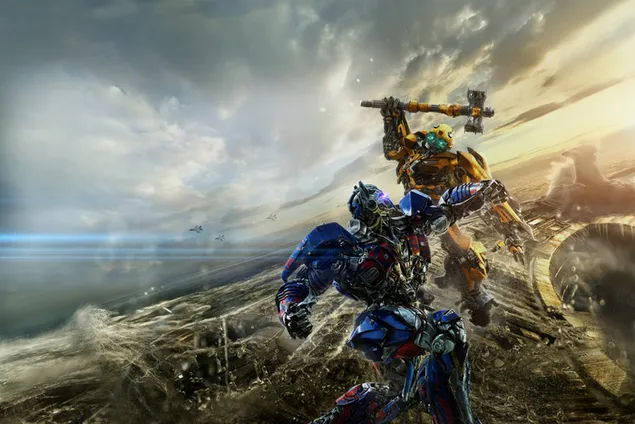 Transformers: The Last Knight - Vecht tegen Optimus Prime en Bumblebee 2K achtergrond