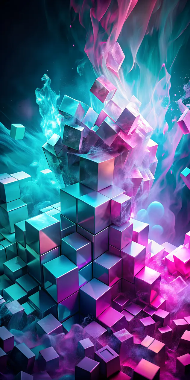 prozirni talasi cijan i magenta koji se ruse u usporenom snimku sa kockama preuzmi