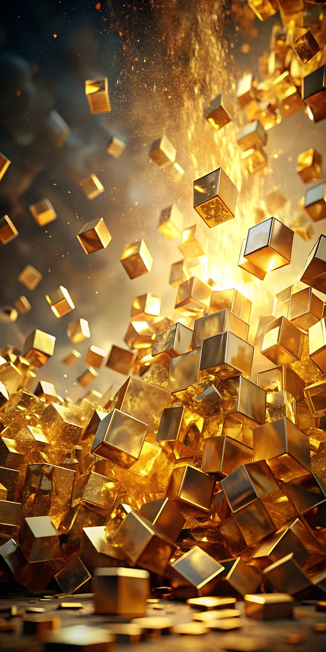 Проѕирни бранови на златна светлина што се уриваат во бавно движење со светкави коцки 2K тапет