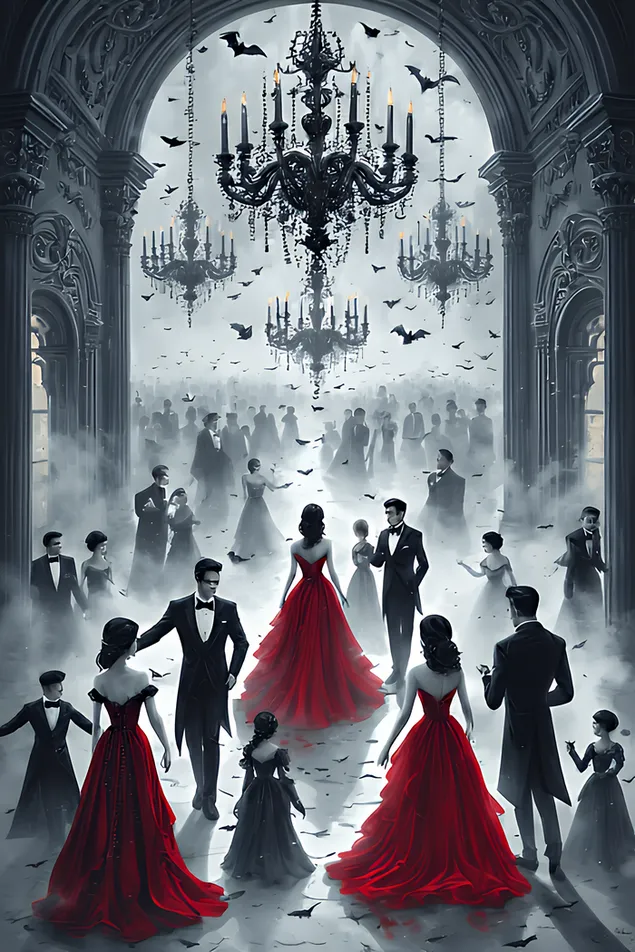 transylvanian vampire gala - elegant vampires in gothic fashion dance beneath candlelit chandeliers inside a mist-covered ancestral castle. download