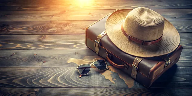 Koyu Mavi Tonlarında Şık Güneş Işınlarıyla Bavul, Pasaport, Güneş Gözlüğü, Şapka, Harita ve Biletlerden Oluşan Seyahat Konsepti 4K duvar kağıdı