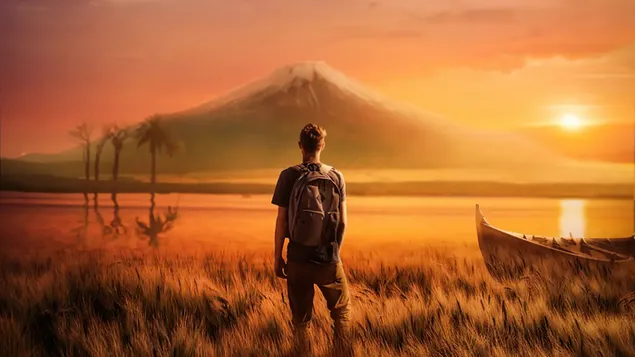 Djalë udhëtar që shikon bukurinë e natyrës 4K sfond