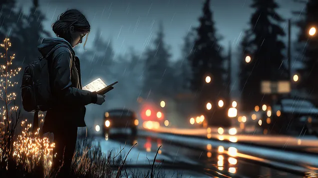 Putnik čita na kiši pored puta sa bokeh svjetlima u sumrak 2K pozadina