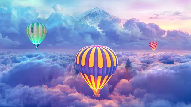 Viatjar en globus aerostàtics per sobre de núvols semblants a cotó 2K fons de pantalla