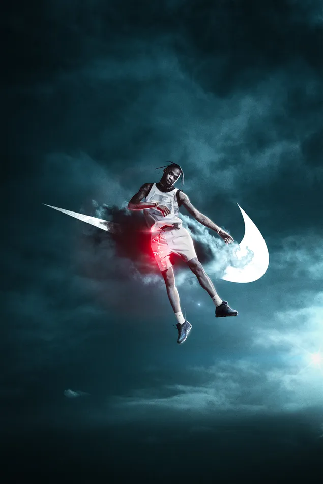 Travis Scott mysterie rood licht speciaal effect achter Nike-logo en donkere wolken download
